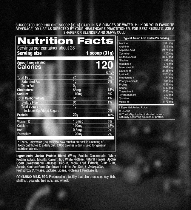 The Nutrition Facts panel on the Protein Powder bag — amino acid profile, named ingredients, and allergen statement