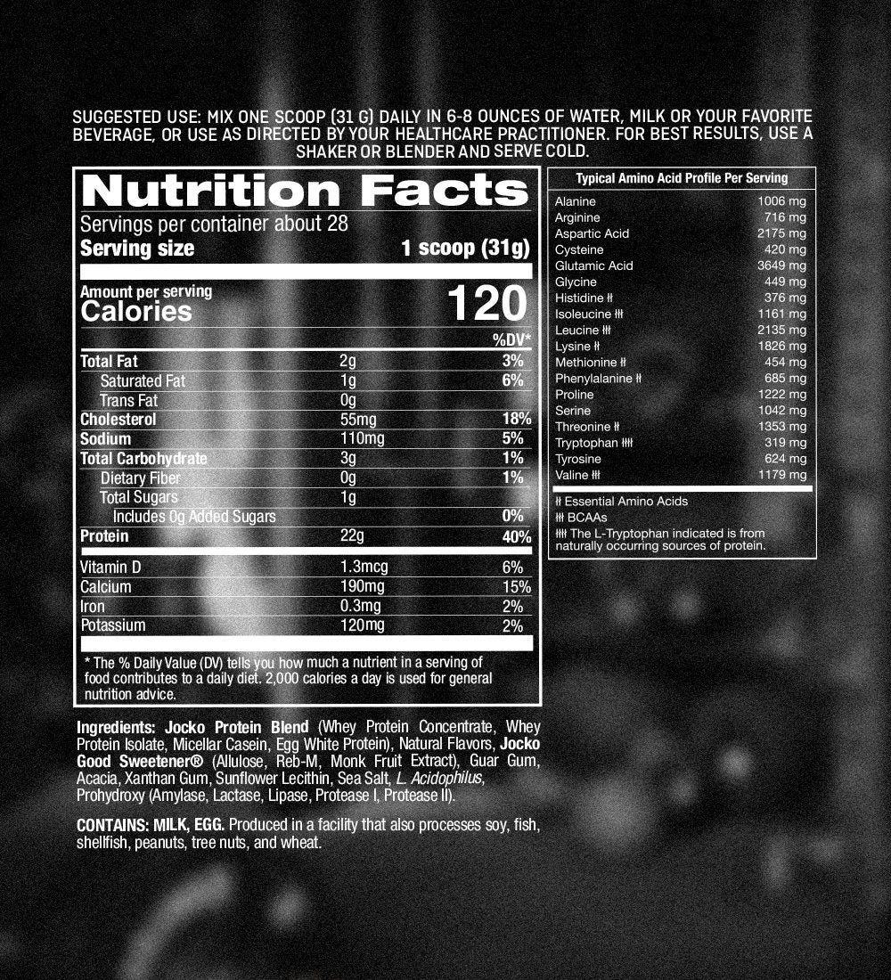 The Nutrition Facts panel on the Protein Powder bag — amino acid profile, named ingredients, and allergen statement