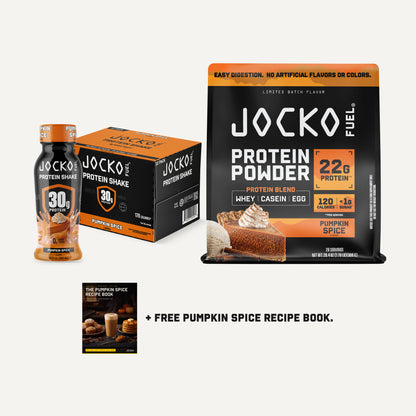 Jocko Fuel Pumpkin Spice Bundle — a 12-pack of Pumpkin Spice Protein Shakes with 30g protein, a bag of Pumpkin Spice Protein Powder with 22g protein, and the free Pumpkin Spice Recipe Book
