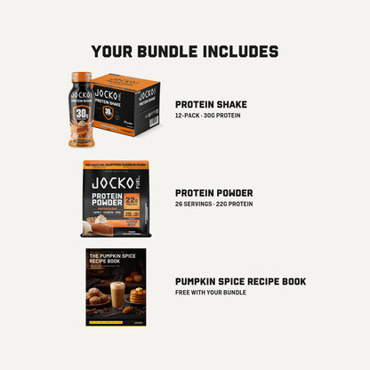 What's in the Jocko Fuel Pumpkin Spice Bundle: a 12-pack of Pumpkin Spice Protein Shakes (30g protein), a bag of Pumpkin Spice Protein Powder (26 servings, 22g protein), and the free Pumpkin Spice Recipe Book