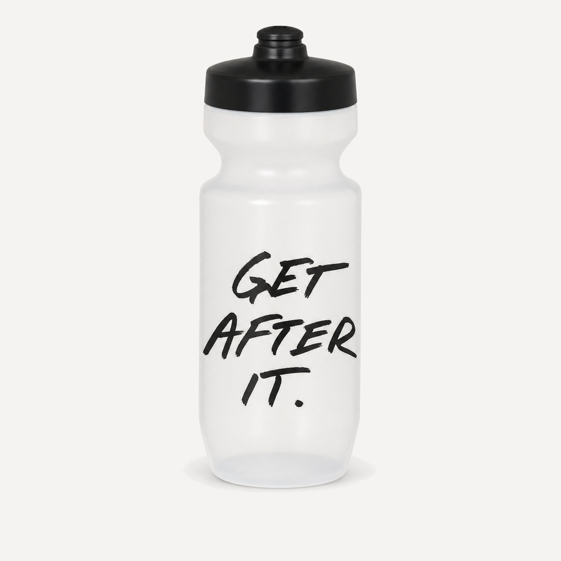 Jocko Fuel frosted sport water bottle with GET AFTER IT script, front view