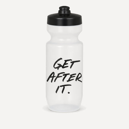 Jocko Fuel frosted sport water bottle with GET AFTER IT script, front view