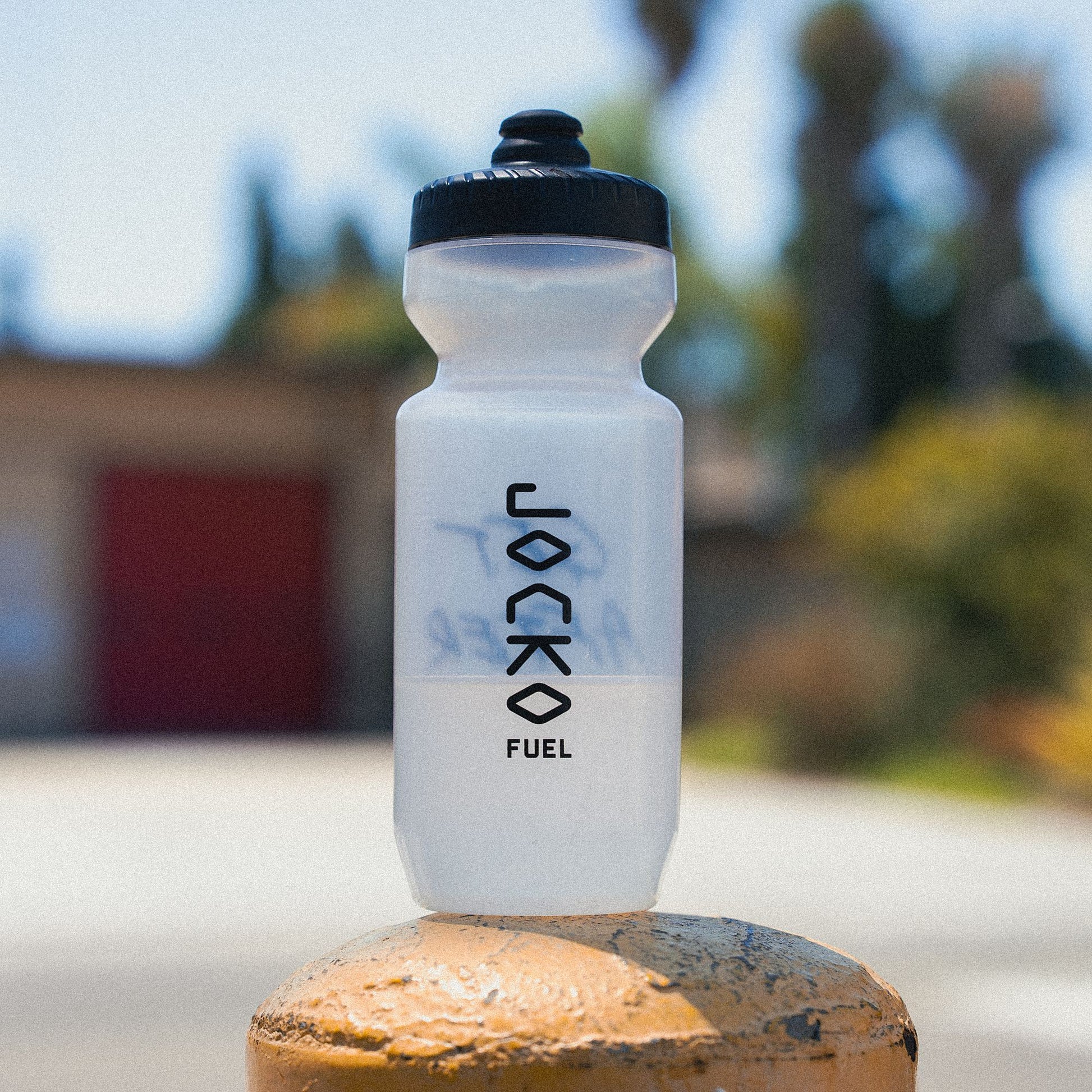 Clear water bottle with black lid and branding on a rock outdoors
